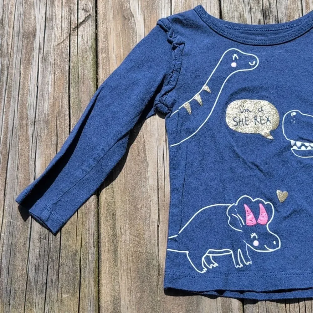 Carter's 18 Month Girls Blue Long Sleeve Gold Glitter She Rex Tee Shirt
